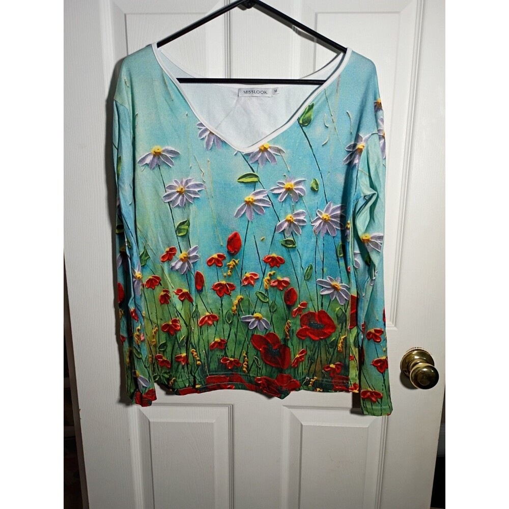 Misslook Woman M Blouse V Neck Floral Garden Vibrant Colors lightweight LS top
